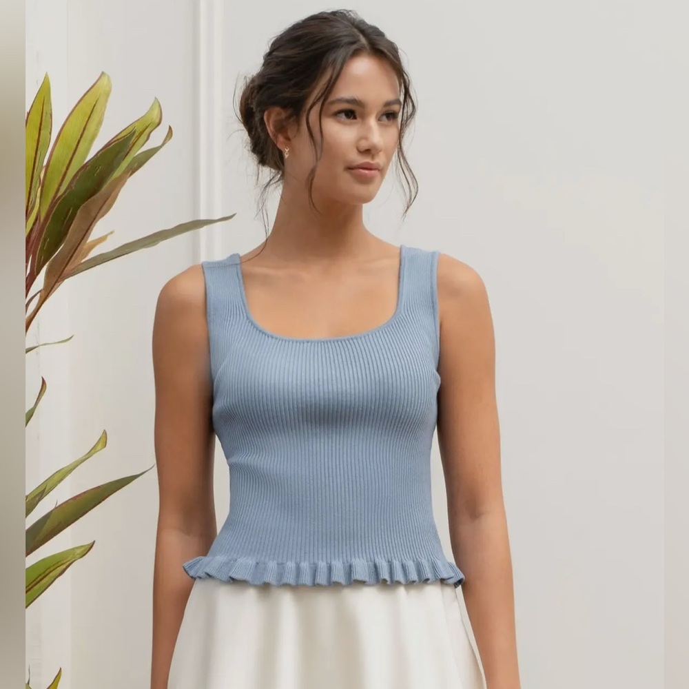 Ribbed Square Neck Tank Top with Ruffle Hem - Light Blue